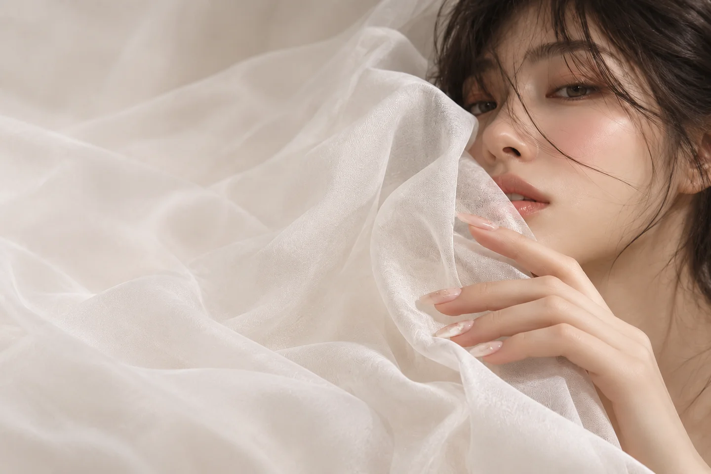 아이보리 실크 너머 모델과 누드 네일을 담은 네일리 브랜드 화보